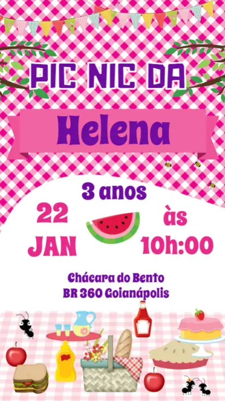 Convite Pic Nic – tema Aniversário Infantil colorido, natural, vintage, divertido, lúdico, temático
