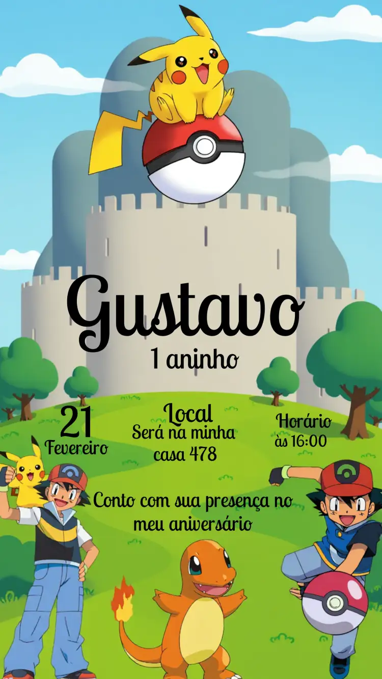Convite Pikachu Anime – tema Mais pesquisados colorido, anime, infantil, divertido, moderno