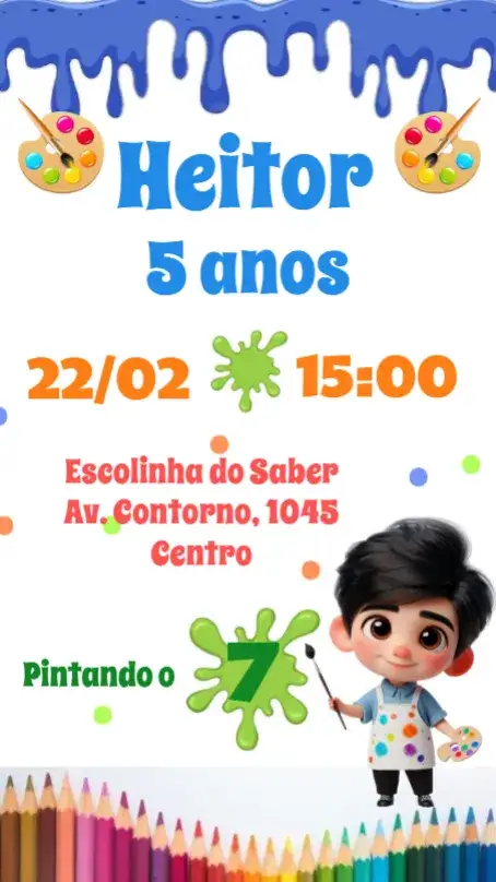 Convite Pintando o 7 – tema Aniversário Infantil colorido, divertido, lúdico, creativo, artístico