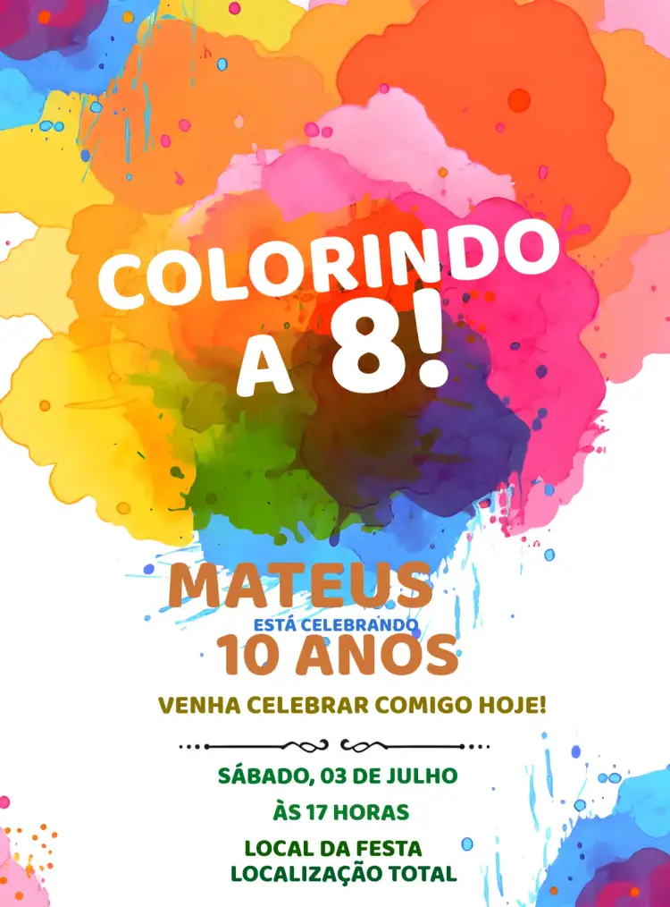 Convite Pintando O 7 - Aquarela Sete – tema Mais pesquisados aquarela, colorido, divertido, infantil, moderno