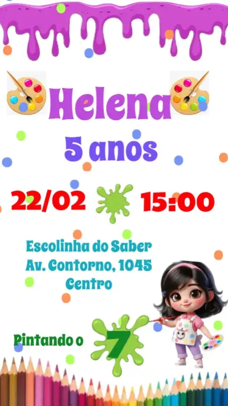 Convite Pintando o 7 – tema Aniversário Infantil colorido, lúdico, artístico, divertido, moderno
