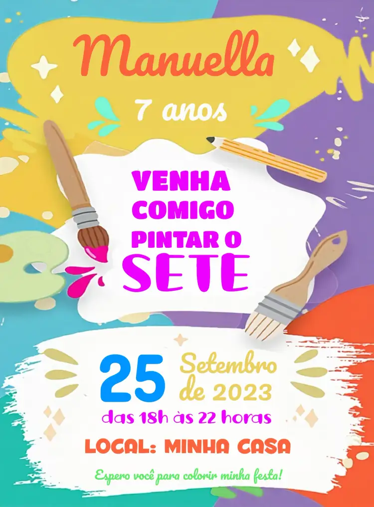 Convite Pintando O Sete Online – tema Mais pesquisados colorido, divertido, ilustrações infantis, moderno, brincalhão