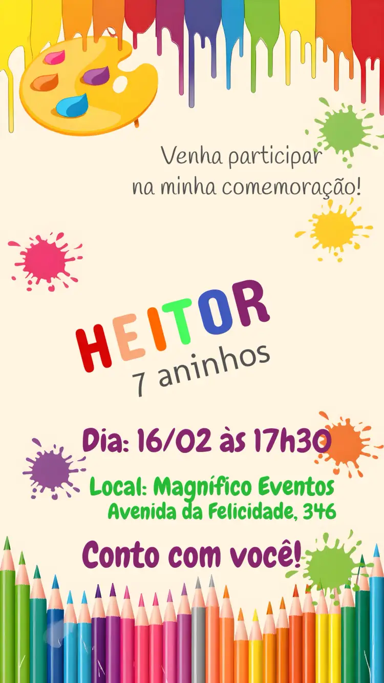 Convite Pintanto O 7 Infantil – tema Mais pesquisados colorido, lúdico, divertido, artístico, criança, pintura