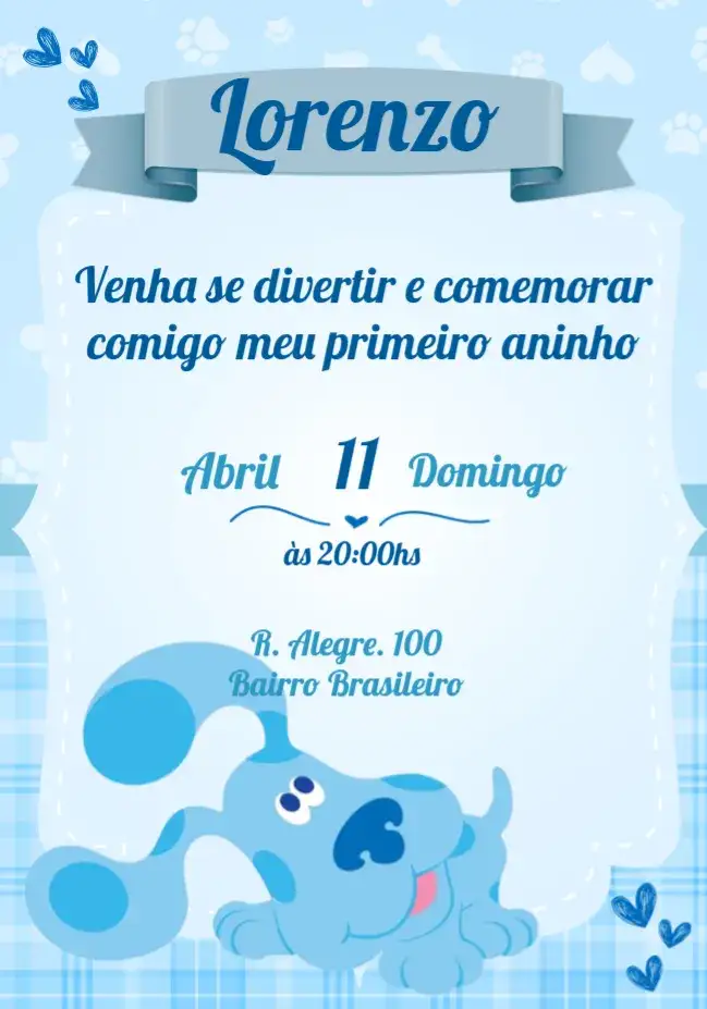Convite Pistas De Blue Cachorro – tema Mais pesquisados azul, divertido, animado, moderno, infantil, ilustrações de animais