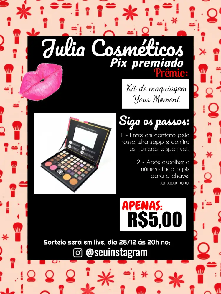 Convite Pix Premiado Maquiagem Boca – tema Cartelas moderno, vibrante, elegante, feminino, artístico
