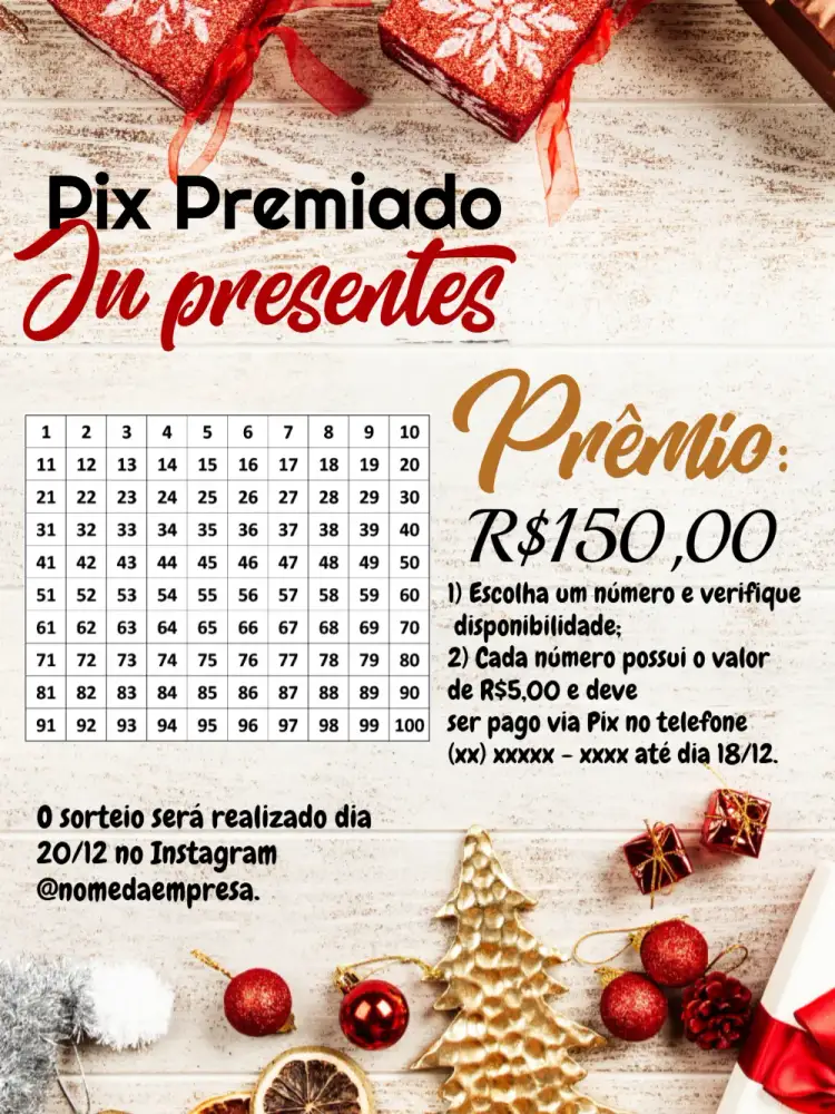 Convite Pix Premiado Natal Sorteio – tema Cartelas dourado, vermelho, festivo, moderno, natalino, elegante