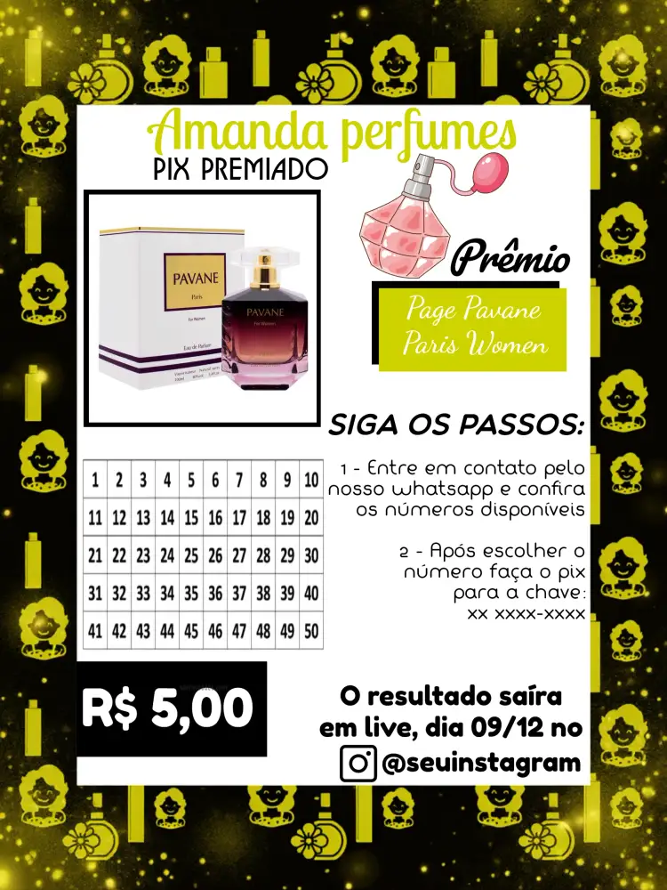 Convite Pix Premiado Perfume Mulher – tema Cartelas perfumaria, beleza, sorteio