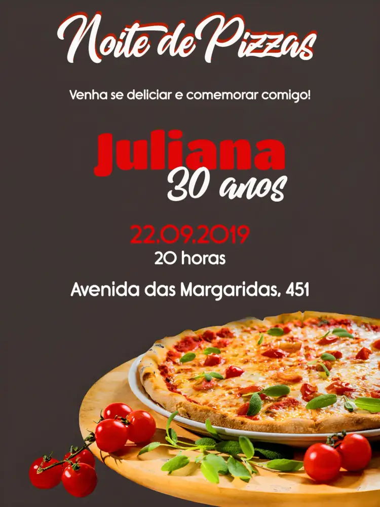 Convite Pizza Festa – tema Mais pesquisados moderno, colorido, divertido, gourmet, temático, jovem