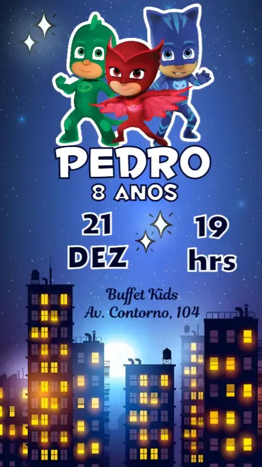 Convite PJ Masks – tema Aniversário Infantil colorido, temático, divertido, super-heróis, infantil
