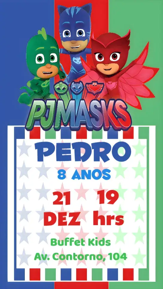 Convite PJ Masks – tema Aniversário Infantil colorido, animado, temático, infantil, divertido