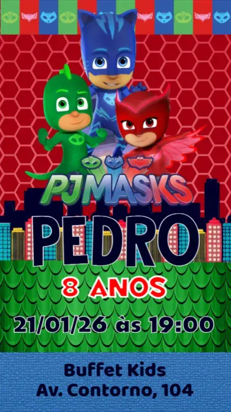 Convite PJ Masks – tema Aniversário Infantil colorido, divertido, temático, heróis, infantil