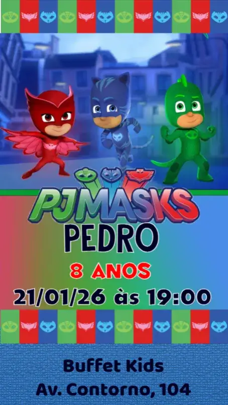 Convite PJ Masks – tema Aniversário Infantil colorido, divertido, temático, infantil, super-heróis