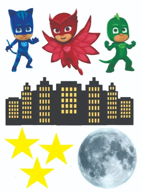 Convite PJ Masks – tema Topo de bolo cores vibrantes, estilo cartoon, super-heróis, diversão infantil, festa temática, ilustrações animadas