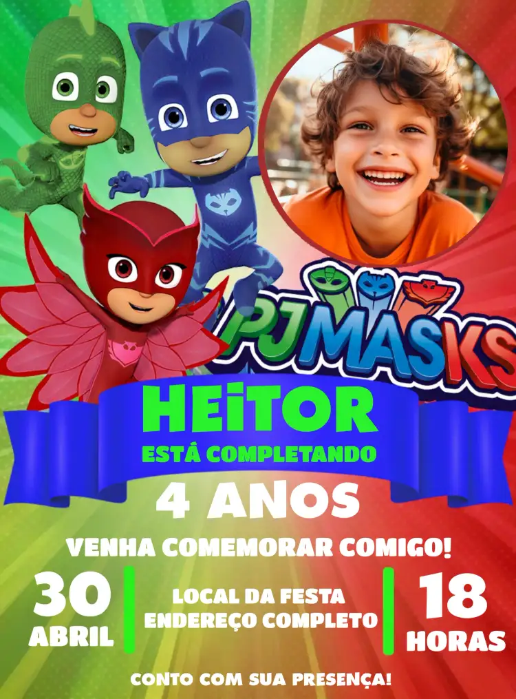 Convite Pj Masks Com Foto Amaya – tema Mais pesquisados colorido, divertido, temático, infantil, brincalhão
