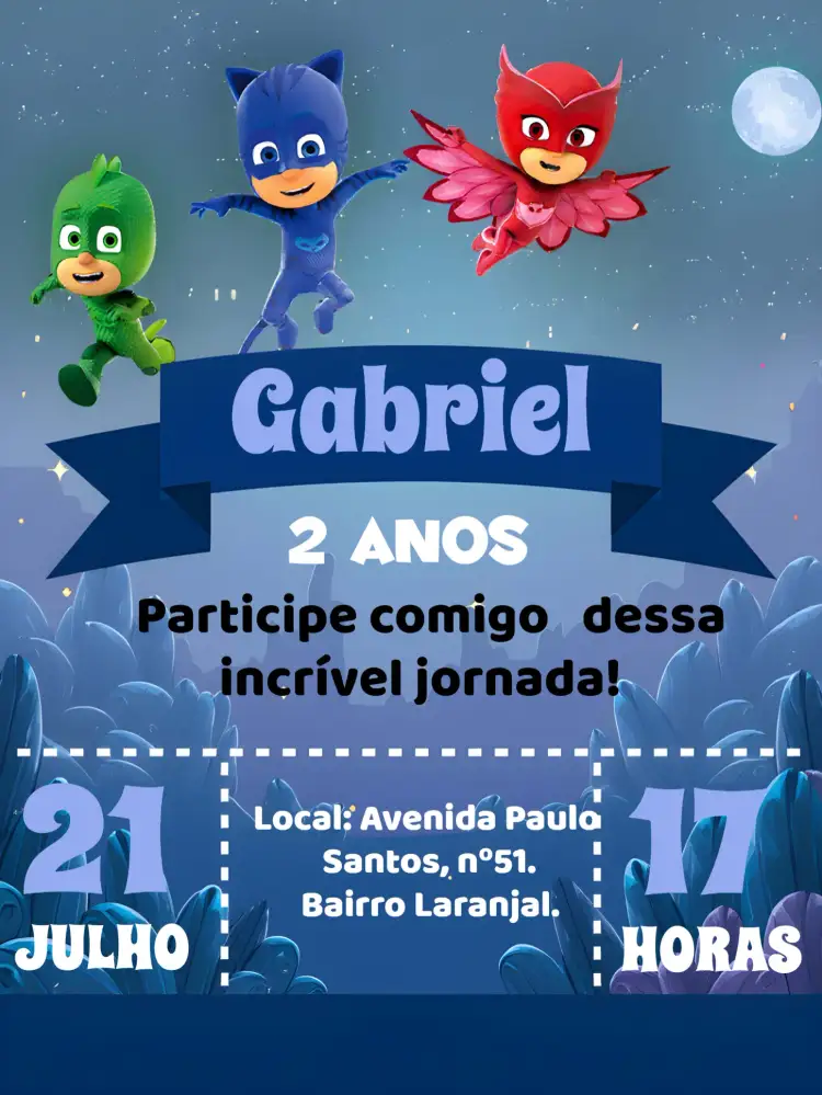 Convite Pj Masks Corujita – tema Mais pesquisados cores vibrantes, estilo divertido, elementos de super-heróis, design infantil, ilustrações coloridas