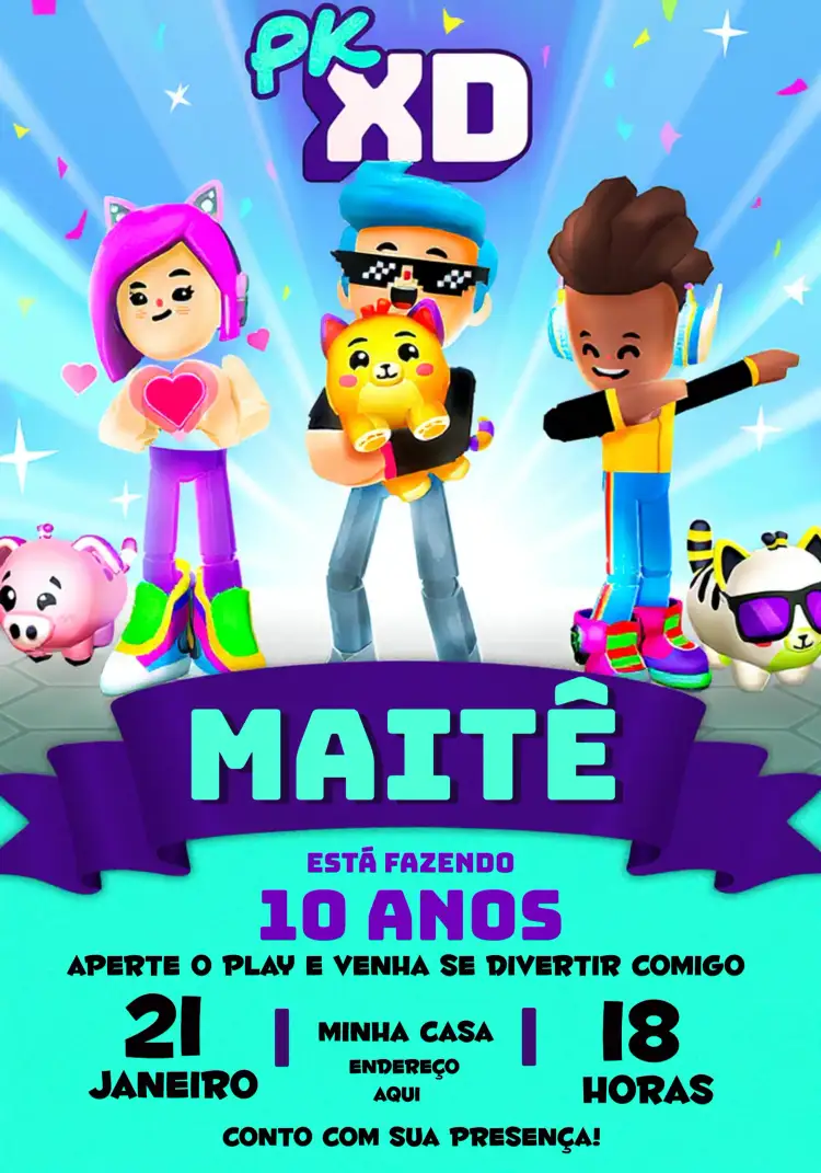 Convite Pk Xd Menina – tema Mais pesquisados cores vibrantes, estilo gamer, elementos gráficos, tema divertido, design moderno