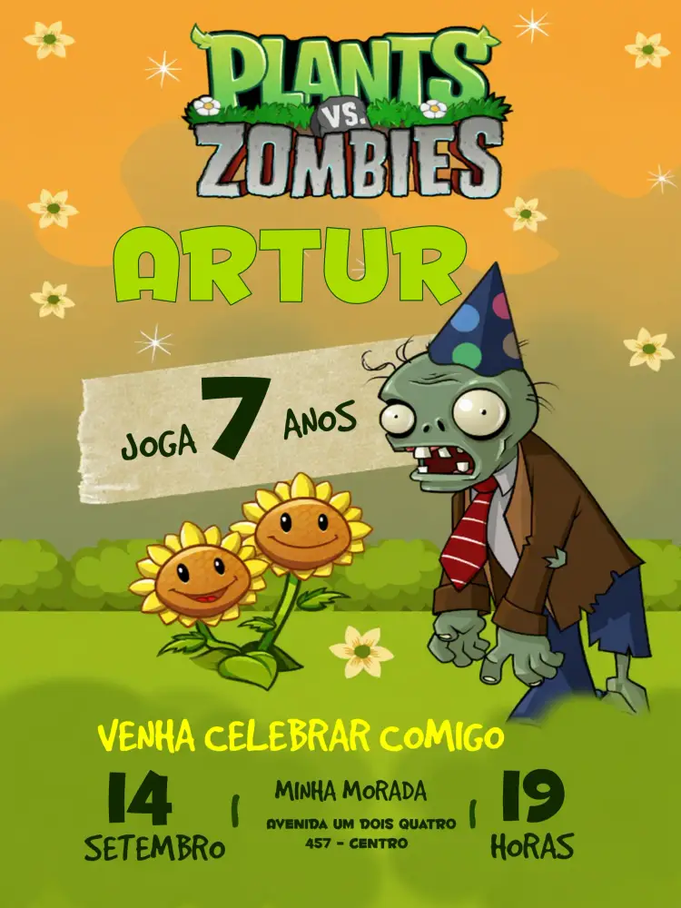 Convite Plants Vs Zombies Jogo