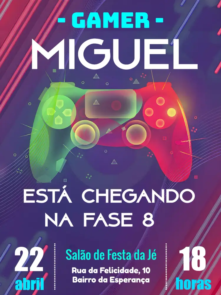 Convite Playstation Controle – tema Mais pesquisados moderno, jogos, tecnológico, colorido, dinâmico, divertido