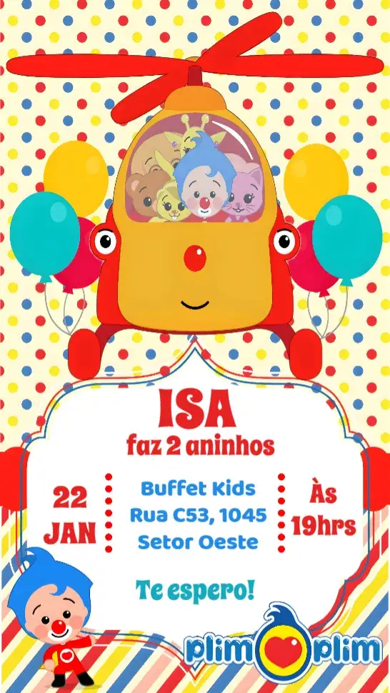 Convite Plim Plim – tema Aniversário Infantil colorido, divertido, lúdico, feminino, moderno