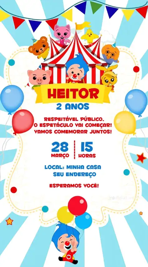 Convite Plim Plim 2 – tema Aniversário colorido, divertido, infantil, palhaço, brincalhão