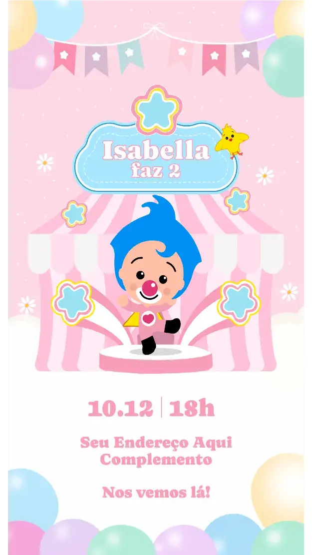 Convite Plim Plim – tema Aniversário Infantil cores vibrantes, estilo circense, elementos gráficos divertidos, rosa e amarelo, ilustrações infantis, design alegre