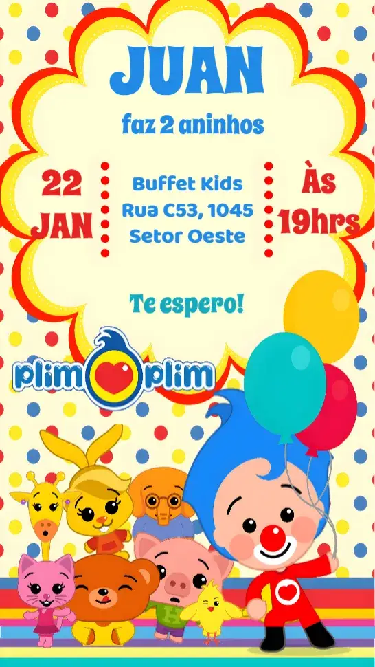 Convite Plim Plim – tema Aniversário Infantil colorido, lúdico, divertido, moderno, infantil