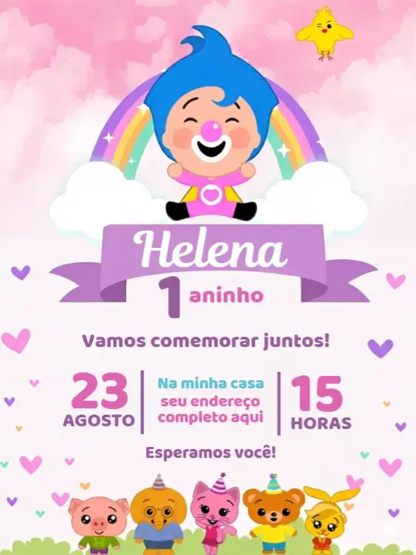 Convite Plim Plim Menina 1 – tema Aniversário colorido, infantil, divertido, rosa, festivo