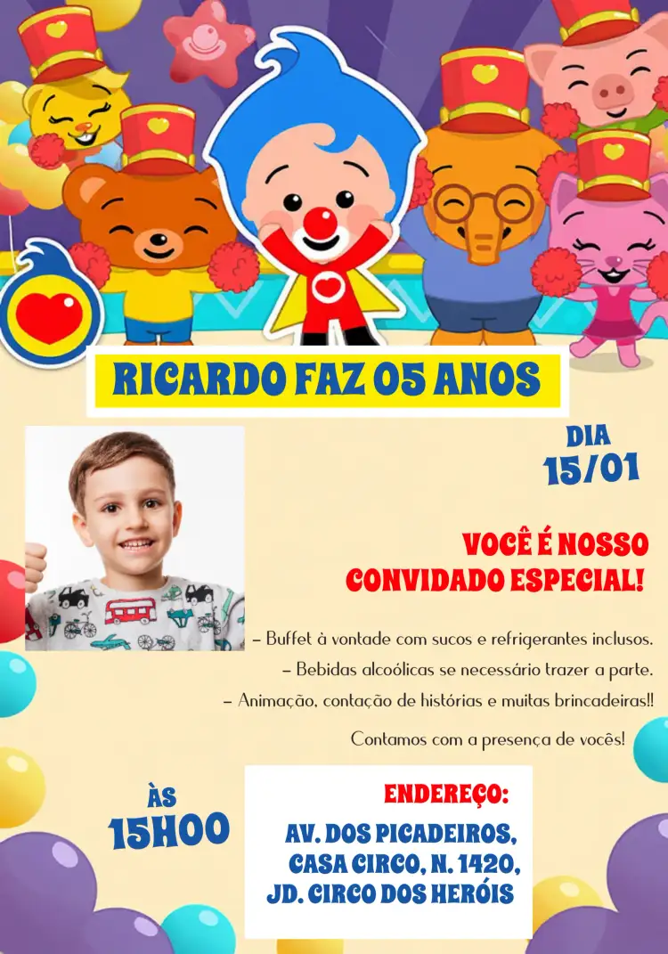 Convite Plim Um Herói Do Coração Com Foto Festa – tema Aniversário Infantil colorido, temática de circo, elementos de palhaço, ilustrações infantis, estilo divertido