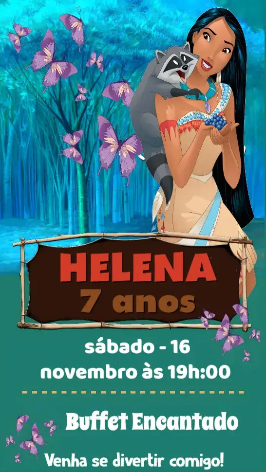 Convite Pocahontas – tema Aniversário Infantil floresta, indígena, natureza