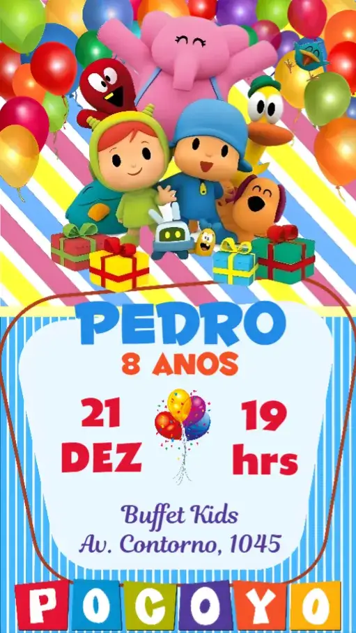 Convite Pocoyo – tema Aniversário Infantil colorido, divertido, temático, brincalhão, infantil