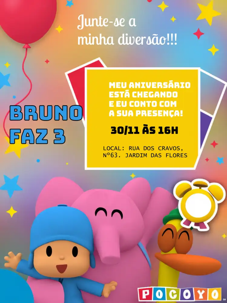 Convite Pocoyo Amarelo – tema Aniversário colorido, infantil, divertido, temático, brincalhão, animado