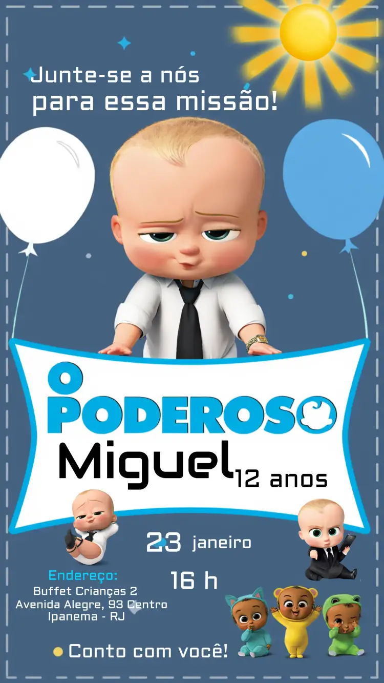 Convite Poderoso Chefinho Aniversásrio – tema Mais pesquisados azul, preto, branco, divertido, infantil, moderno