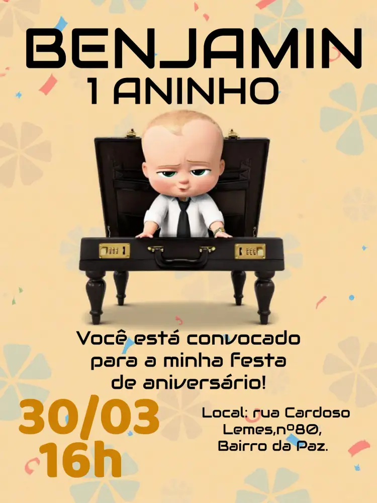 Convite Poderoso Chefinho Boss – tema Mais pesquisados dourado, moderno, infantil, temático, elegante