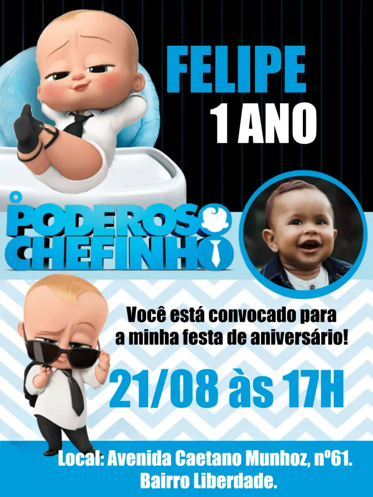 Convite Poderoso Chefinho Com Foto Boss – tema Mais pesquisados moderno, infantil, negócios, colorido, divertido