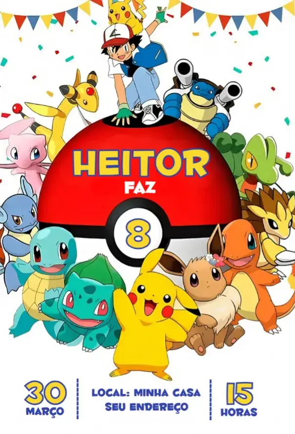 Convite Pokémon 1 – tema Aniversário colorido, divertido, lúdico, animado, infantil
