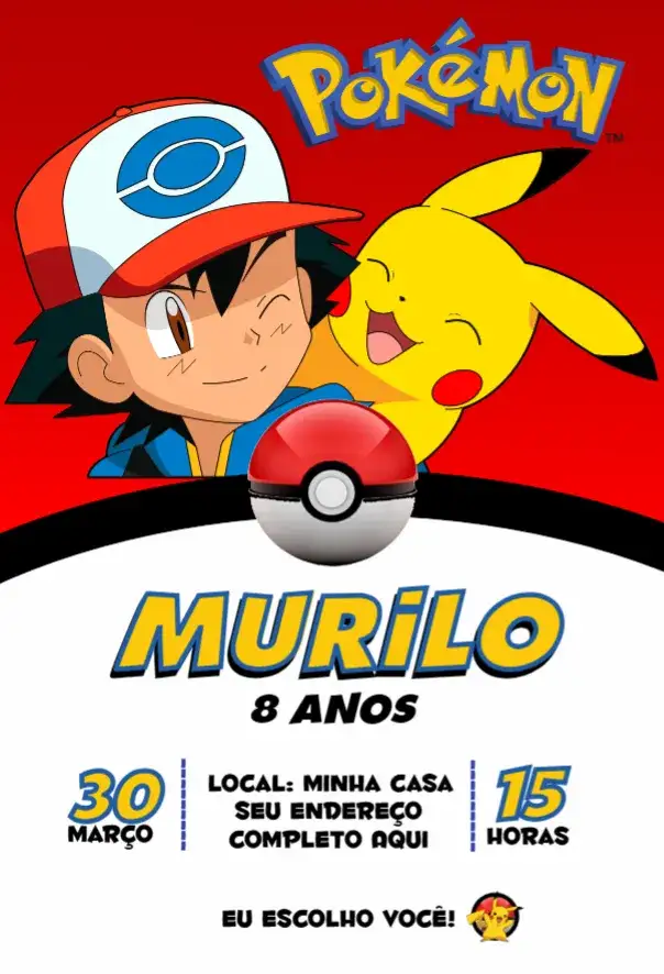 Convite Pokemon 3 – tema Aniversário colorido, divertido, temático, infantil, jogos, animado