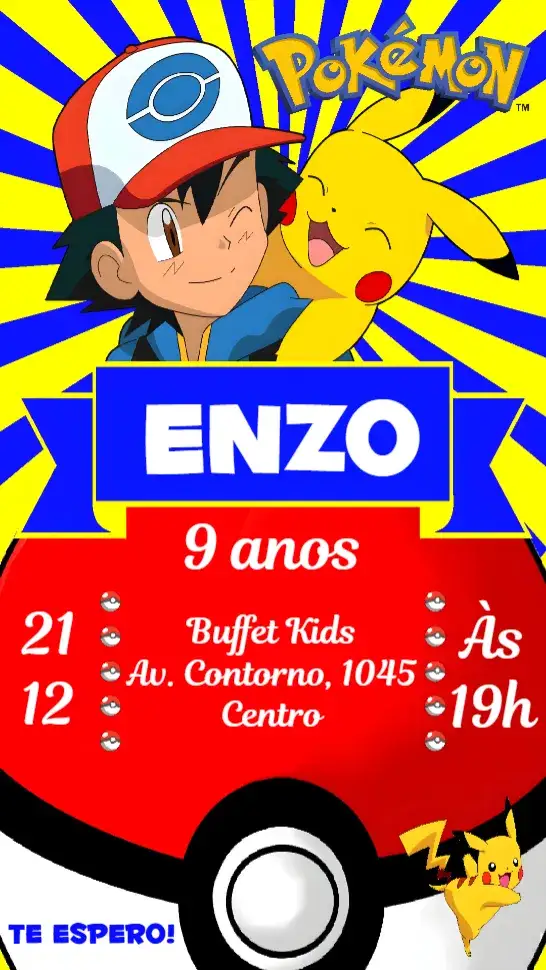 Convite Pokemon – tema Aniversário Infantil colorido, lúdico, temático, divertido, animado