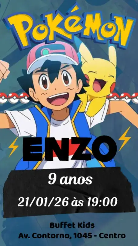 Convite Pokémon – tema Aniversário Infantil colorido, divertido, temático, jovial, fantasia