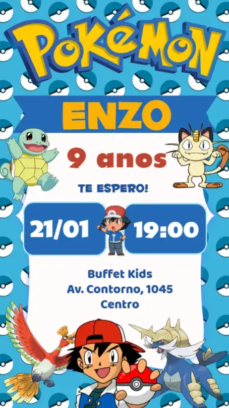Convite Pokémon – tema Aniversário Infantil colorido, lúdico, moderno, jovial, temático