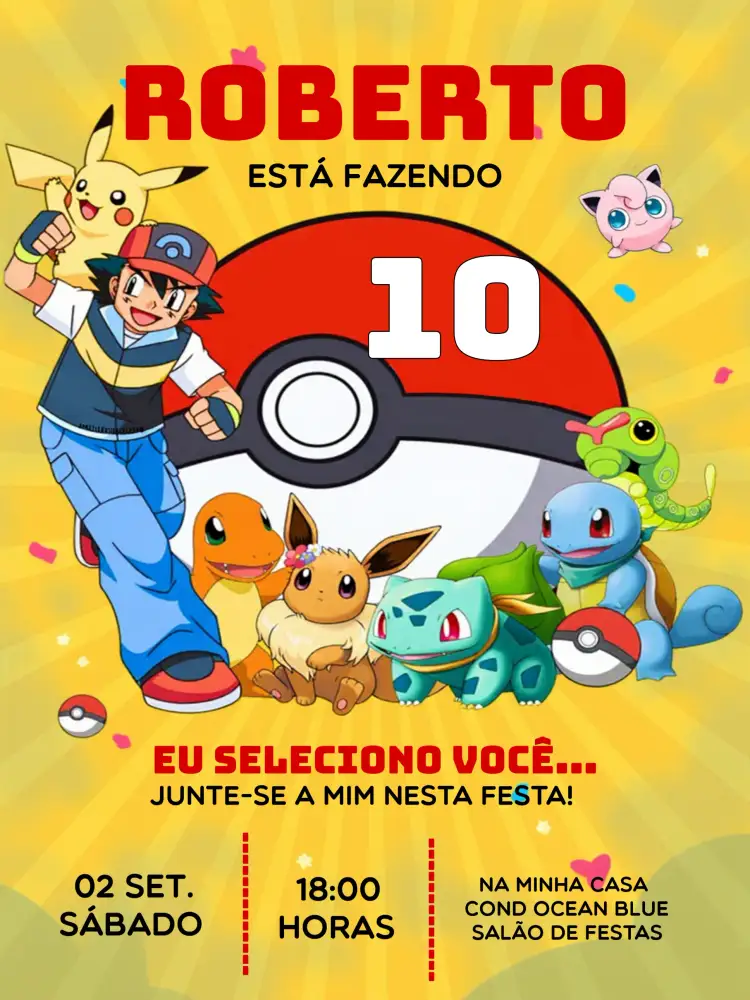 Convite Pokemon Amarelo – tema Mais pesquisados colorido, divertido, infantil, moderno, temático, jovial