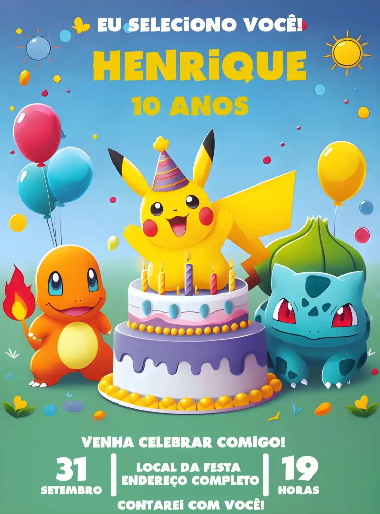Convite Pokemon Balões – tema Mais pesquisados colorido, divertido, jovial, anime, temático, ilustrativo