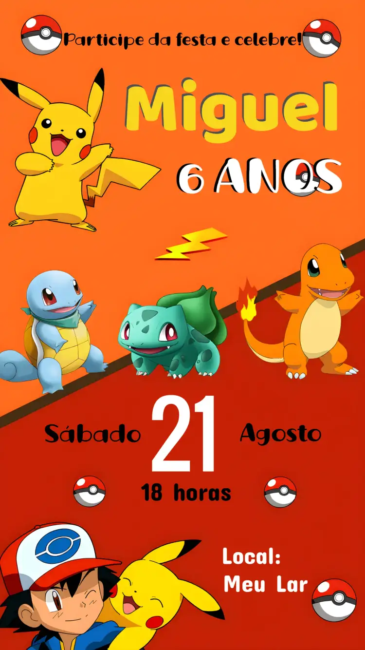 Convite Pokemon Branco – tema Mais pesquisados colorido, divertido, jovial, temático, ilustrações de pokemon