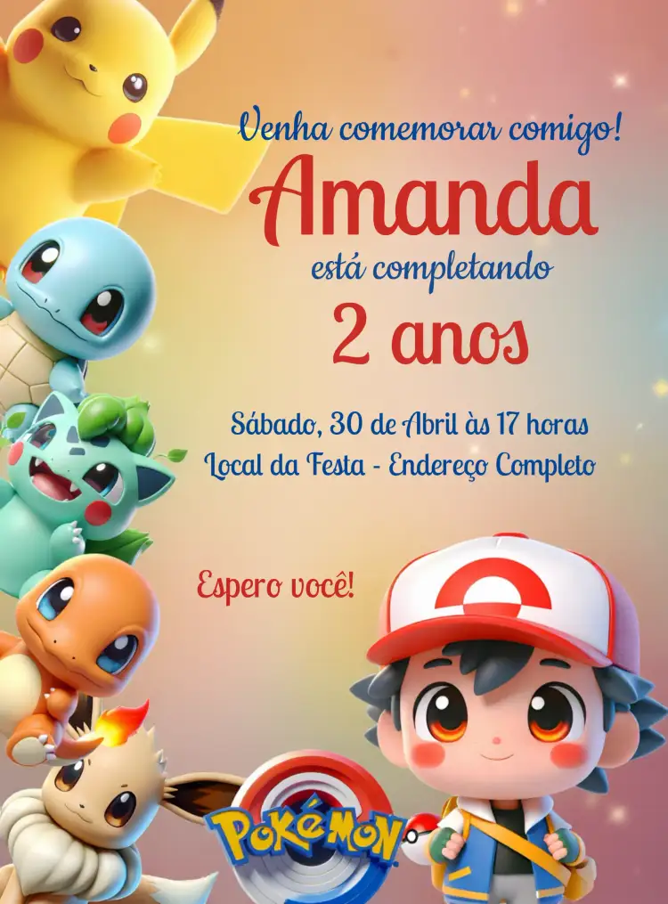 Convite Pokémon Cute Pokemon – tema Mais pesquisados colorido, lúdico, moderno, divertido, infantil