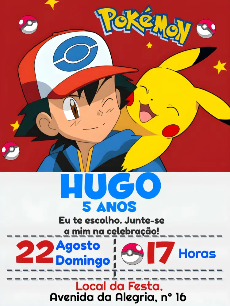 Convite Pokémon Digital – tema Mais pesquisados Pokémon, Animação, Aventura