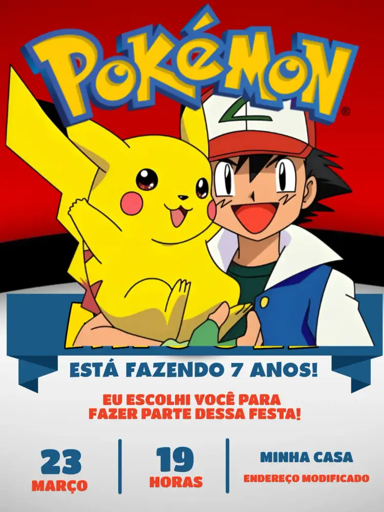Convite Pokemon Infantil – tema Mais pesquisados colorido, divertido, jovial, temático, ilustrativo