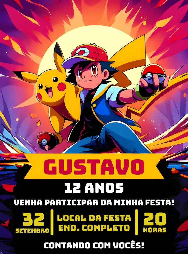 Convite Pokemon Menino – tema Mais pesquisados colorido, temático, divertido, jovial, aventura