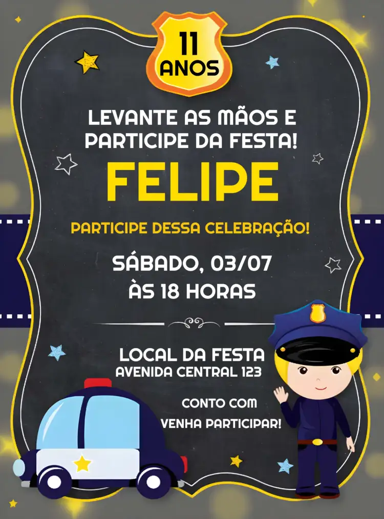 Convite Policia Digital – tema Mais pesquisados amarelo, azul, branco, divertido, temático, moderno