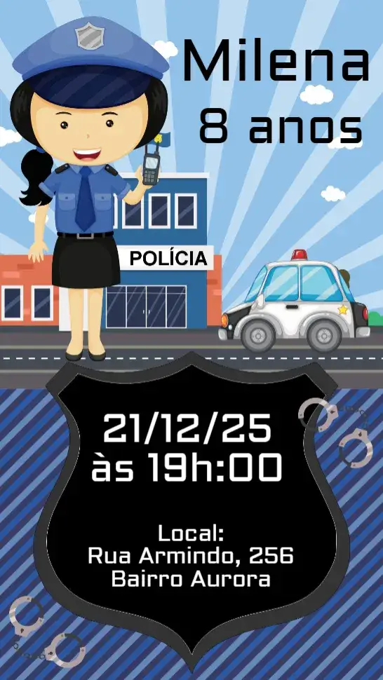 Convite Polícia Menina – tema Aniversário policial, colorido, divertido, infantil, aventura, moderno