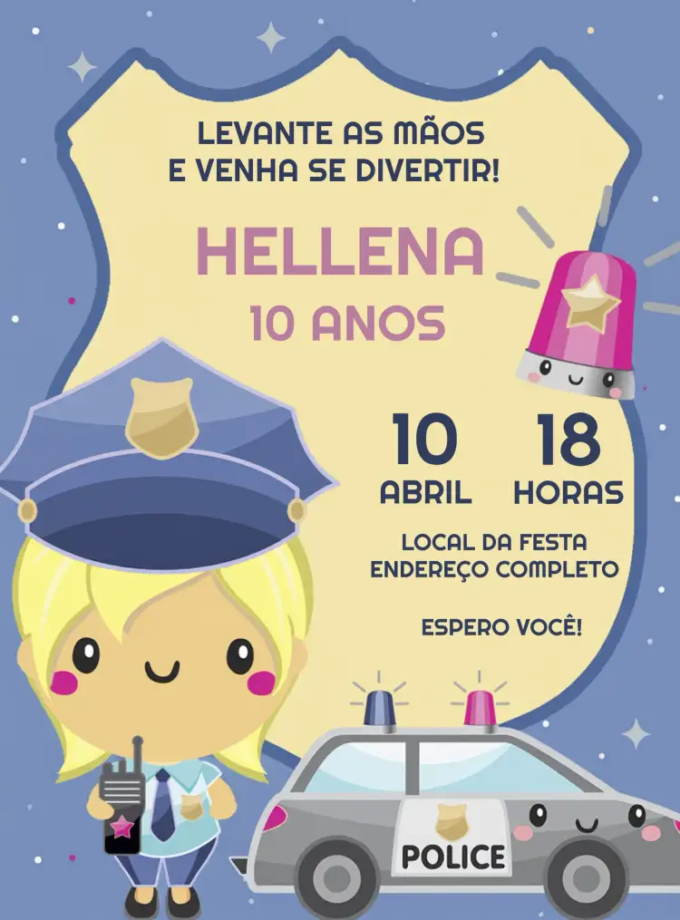 Convite Policial Menina Profissões – tema Mais pesquisados rosa, divertido, temático, infantil, colorido