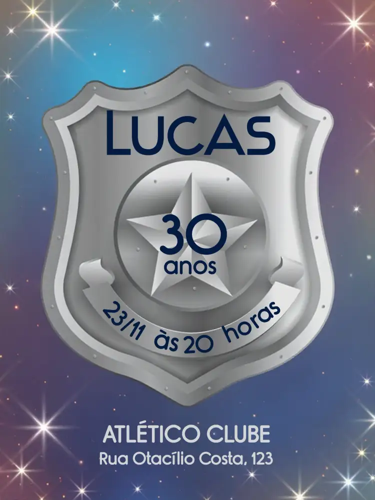 Convite Policial Party – tema Aniversário azul, cinza, preto, moderno, temático, profissionais